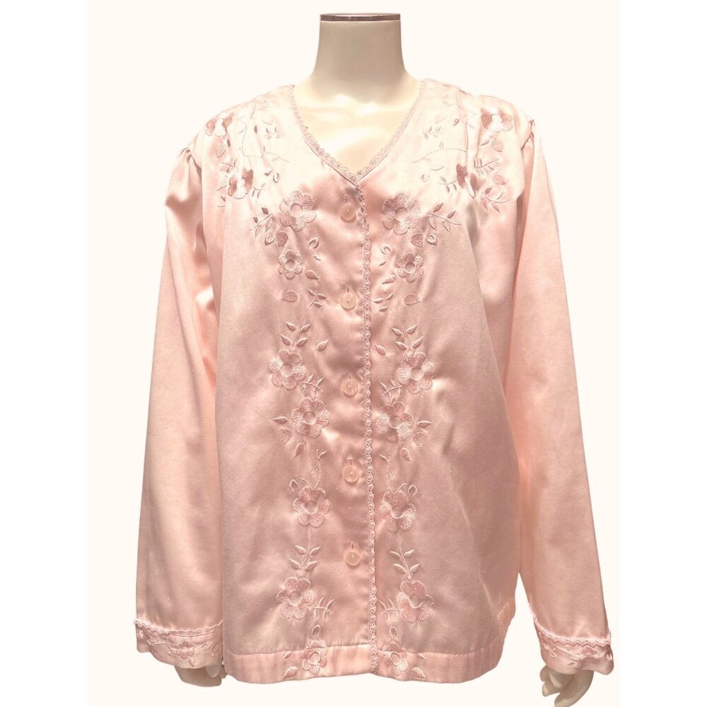 Nordstrom Intimates Size L Blush Pink Satin Embroidered Floral Lounge Top - Picture 2 of 11